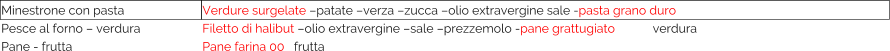 Minestrone con pasta Pesce al forno  verdura Pane - frutta Verdure surgelate patate verza zucca olio extravergine sale -pasta grano duro Filetto di halibut olio extravergine sale prezzemolo -pane grattugiato            verdura Pane farina 00   frutta